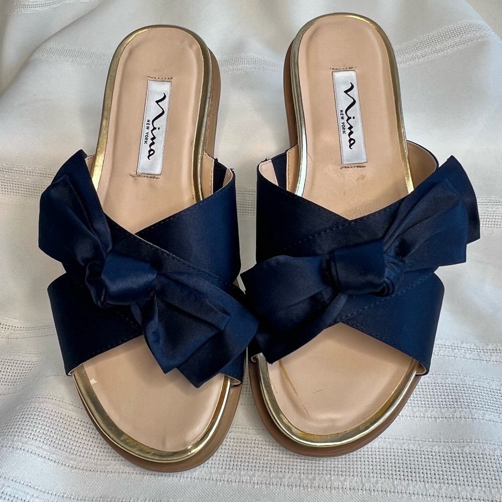 Platform Sandal Flip Flop Nina Navy Satin Gold Sz 5β EUC - Picture 12 of 13